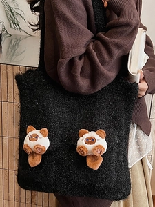 Minimalist black knitted tote bag with cute 3D plush cats for winter casual commuting