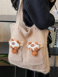 Minimalist beige knit tote bag with 3D cat plush accents and large capacity design
