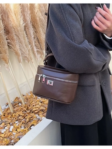 Detail of dark brown box-style bag with silver metal zipper and adjustable strap