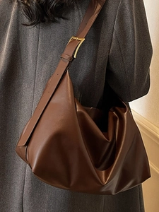 Minimalist large brown leather hobo shoulder bag with adjustable golden buckle