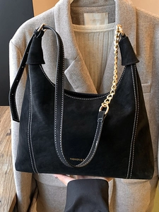 Retro black matte tote bag with contrast stitching and golden chain for women
