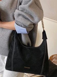 Retro black faux suede tote bag with white stitching and metal chain strap for women