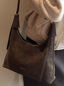 Vintage dark brown suede shoulder bag with white contrast stitching and large capacity