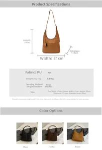 Detailed dimension chart showing the large PU leather hobo tote bag and color options