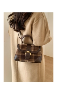 Retro brown plaid wool shoulder bag with leather trim and gold horseshoe buckle detail