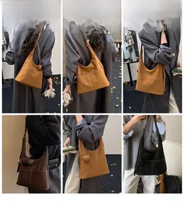 Multiple views of large vintage hobo tote bags in brown and black faux suede colors
