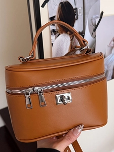 Women Urban Minimalist PU Leather Box Handbag Retro Stitching Vanity Box Bag Shoulder Crossbody Bag With Double Zipper Silver Hardware