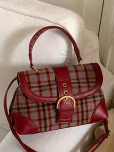 Retro plaid patchwork shoulder bag with large gold buckle and red leather trim
