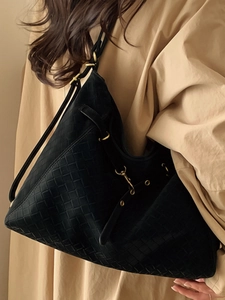 Vintage black woven leather tote bag with large capacity and adjustable gold buckle straps