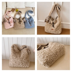 Detail of plush fleece tote bag with drawstring closure and cute rabbit charm
