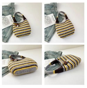 Detailed views of a knitted striped tote bag with cute 3D mushroom accent and multicolor yarn