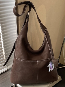 Vintage Large Capacity PU Leather Hobo Bag Women White Contrast Stitching Double Pockets Adjustable Strap Casual Tote Bag