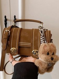 Women Retro PU Leather Boston Bag Rivet Cylindrical Crossbody Bag With Plush Dog Pendant Fashion Shoulder Bag Handbag