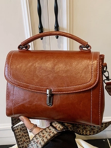 Vintage Women PU Leather Handbag With Geometric Woven Wide Strap Contrast Stitching Shoulder Crossbody Bag Fashion Square Bag
