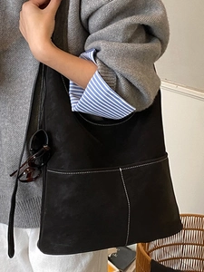 Vintage large black tote bag with white contrast stitching and double pockets for women