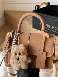 Vintage PU Leather Contrast Stitching Square Flap Handbag With Plush Charm For Women Fashion Crossbody Shoulder Bag