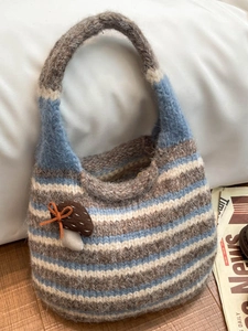 Vintage Korean Knitted Striped Shoulder Bag For Women Cute Forest Style Mushroom Pendant Large Capacity Crochet Tote Bag