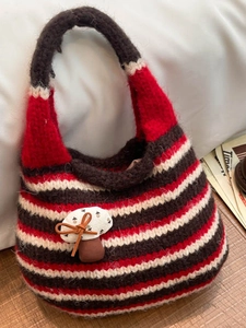 Chic Korean style striped knit mushroom tote bag with cute handmade crochet design