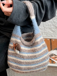Retro knit tote bag with striped pattern and 3D mushroom charm for women