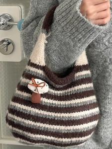Vintage retro knit mushroom tote bag with brown stripes and cute plush charm detail