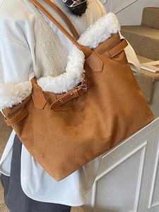 Retro oversized caramel suede tote bag with white faux fur trim and leather shoulder straps