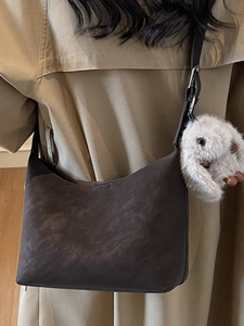 Vintage coffee brown square crossbody bag with a cute fluffy white bunny keychain