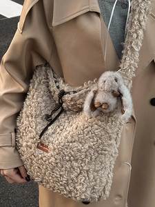 Winter beige fleece shoulder bag with cute rabbit pendant and Star-picking label