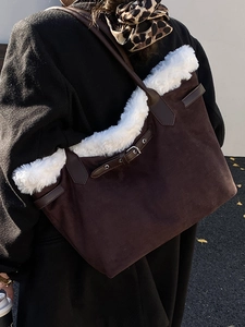 Retro large capacity tote bag in coffee suede with white faux fur trim and leather straps