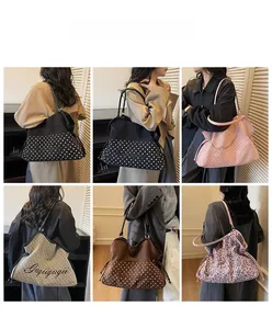 Collage of chic leopard print and polka dot tote bags shown on a model in various poses