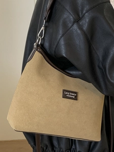 Minimalist vintage oversized square shoulder bag in khaki nubuck with dark brown piping