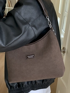 Minimalist large brown faux suede tote bag for women with leather straps and silver hooks