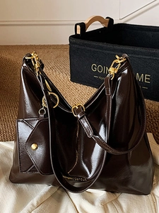 Women Large Capacity Retro Tote Bag High Gloss PU Leather Hobo Bag With Small Pouch Gold Hardware Commuter Shoulder Bag