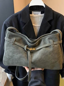 Retro deep olive green faux suede large shoulder bag with gold metal clasp for women