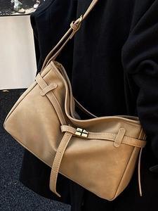 Retro khaki large capacity crossbody bag in matte faux leather with gold hardware detail