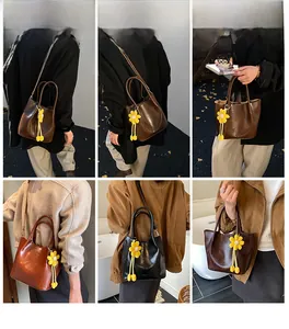 Collage of large retro leather tote bags in brown and black with floral pendant