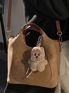 Retro large brown shoulder bucket bag with fashion text and cute plush bear charm