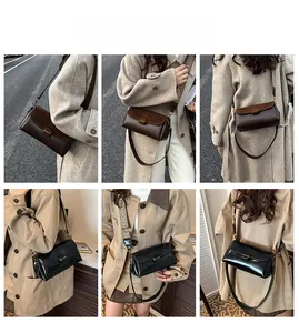 Collage of model wearing vintage flap shoulder bag in polished black and matte brown finish