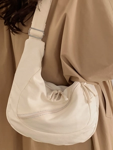 Large capacity beige half-moon crossbody bag with adjustable wide strap for women