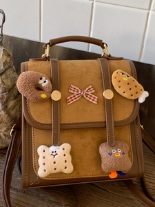 Korean Style Small Backpack For Women Cute Plush Cookie Charms Bow Square Suede PU Student School Bag Retro Casual Daypack