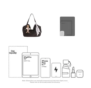 Detail view of large brown canvas tote bag showing 11 inch iPad and iPhone capacity