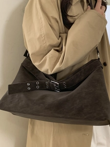 Large capacity vintage brown suede tote bag with decorative adjustable metal eyelet strap