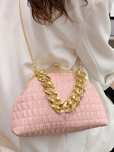 Pink pleated dumpling bag with chunky gold chain handle and silk texture shell design