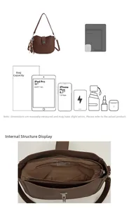 Brown leather bucket bag interior detail showing capacity for iPad Pro and smartphone
