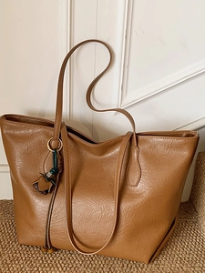 Large Capacity Vintage PU Leather Tote Bag For Women Retro Casual Commute Shoulder Bag Minimalist Solid Color Elegant Daily Handbag
