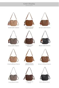 Color display of vintage leather bucket bags in six neutral tones with charm options