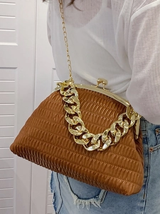 Brown pleated shell crossbody bag with chunky gold chain strap and vintage metal clasp