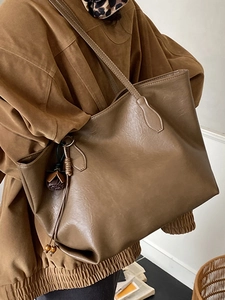 Retro large capacity dark brown faux leather tote bag with elegant floral charm
