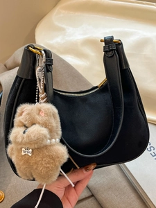Vintage Suede Hobo Shoulder Bag For Women Large Capacity Half Moon Crossbody Bag With Detachable Plush Pendant Daily Commute
