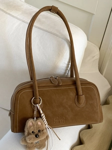 Korean Style Contrast Stitching PU Leather Underarm Bag Vintage Women Shoulder Handbag With Plush Puppy Charm