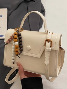 Petit Sac Carré Rétro en Cuir PU pour Femme Avec Charme en Perles de Bois Sac à Main Bandoulière Mode Quotidien
